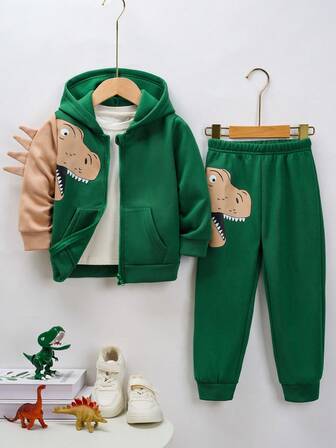 Young Boy Cute Dinosaur Hooded Zip-Up Sweatshirt And Pants 2 Pieces Set