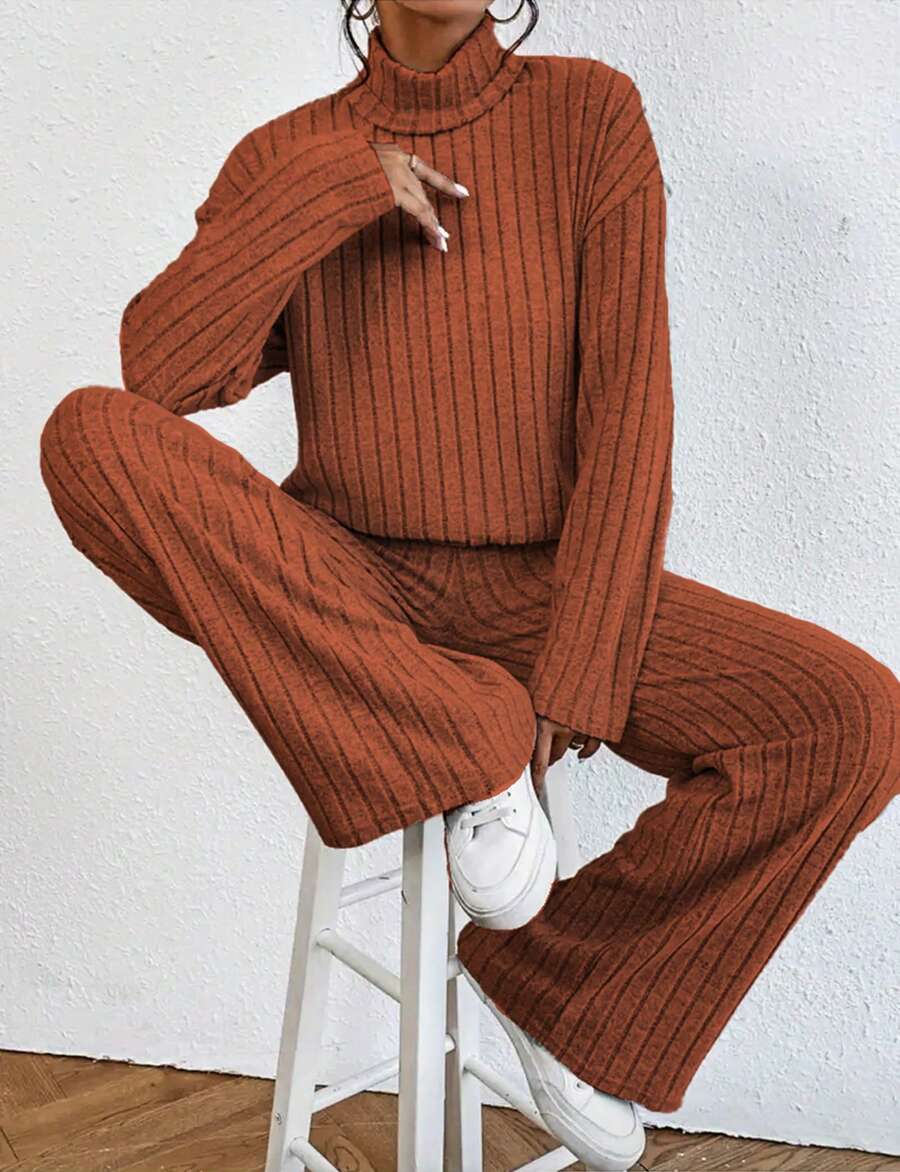 2026 Spring/Autumn Women's Simple Solid Color Elegant Two-Piece Set: High-Neck Long-Sleeve Top + Pants; Autumn/Winter Casual Striped Ribbed Knit Home Wear - 棕色 - 查看 1