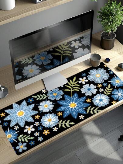 黑色花床平板鼠标垫 - 鼠标垫底部防滑，采用精致的锁缝设计。多种尺寸可选，可装饰您的桌面，适用于各种办公场景。