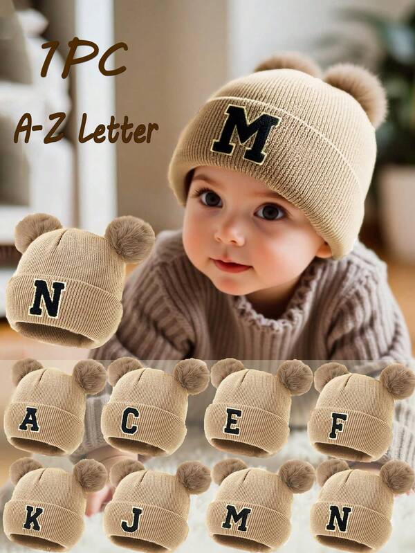 1 pieza Gorro de punto con letras para bebé, suave, cálido y cómodo para niños y niñas para uso en exteriores en otoño e invierno.
