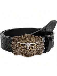 Vintage Style Men's PU Leather Belt, Adjustable Buckle With Cowboy-Inspired Bull Head Pattern, Suitable For Cosplay