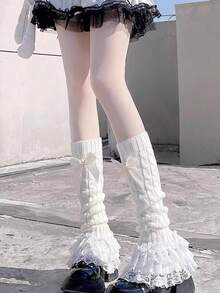 1双女士腿套，洛丽塔风格蕾丝边踝套，可爱蝴蝶结毛绒腿套，JK过膝长筒腿套，舞蹈腿套，黑白两色可选，舒适保暖 - 彩色 - 查看 7