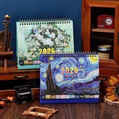 2026 Desktop Calendar Portable Schedule Table Planner Daily Monthly Date Organizer Desk Weekly Calendars Gold Foil Stamping Oil Painting For New Year Decor Home Office Supplies Presents Birthday (Medium Size)