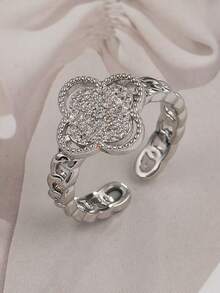 1pc Stainless Steel Fully Paved Clover Ring, Minimalist Cubic Zirconia Finger Ring, Everyday Wear - Full Diamond Four-leaf Clover Ring - View 4
