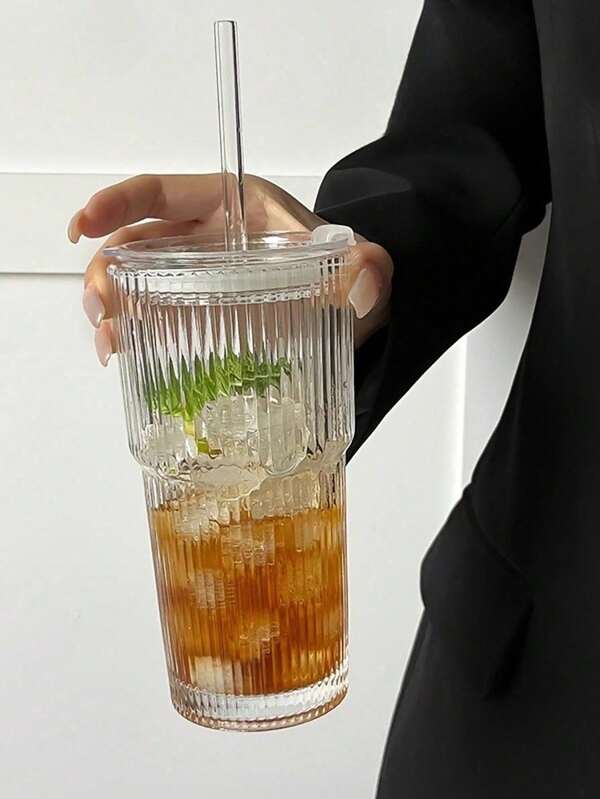 1 Set Of Striped Glasses With Straws And Lids, Portable And Simple Style Water Cups, Vertical Striped Glasses, Reusable High-Quality Coffee And Juice Cups, Multi-Functional Beverage Containers, Perfect For Home, Office, Beach, Various Parties, Suitable For Coffee, Tea, Milk, Iced Americano And Latte Drinks, Drinking Glasses.