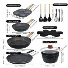 ABKOK 1pc/15pcs Aluminum Cookware Set With Lid - Black Nonstick Frying Pan, Stock Pot, Breakfast Pan, Silicone Cooking Tools & Heatproof Mats, Durable Kitchenware For Home Chefs, Single Pans And Cookware Sets Are Sold Individually