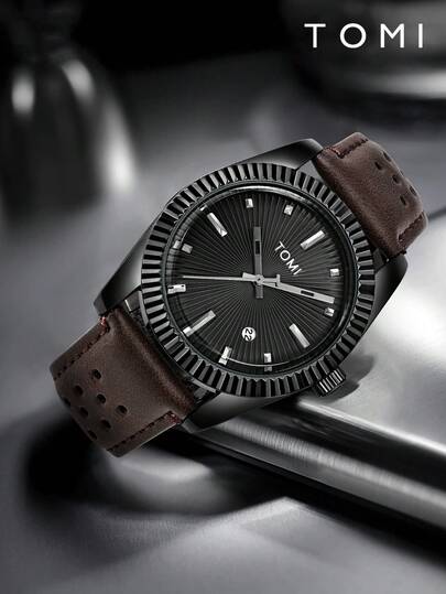 TOMI 盒装男士时尚简约独特齿轮设计皮带石英手表，适合日常生活、节日、情人节、返校、万圣节