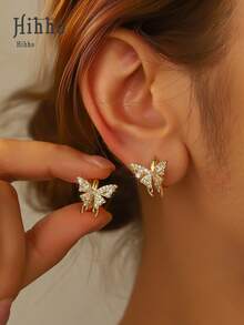 Hihho 1 对优雅镂空蝴蝶锆石耳钉，适合女士佩戴，精致珠宝耳环，适合女孩佩戴，适合日常生活、约会、派对 - 蝴蝶 - 查看 3