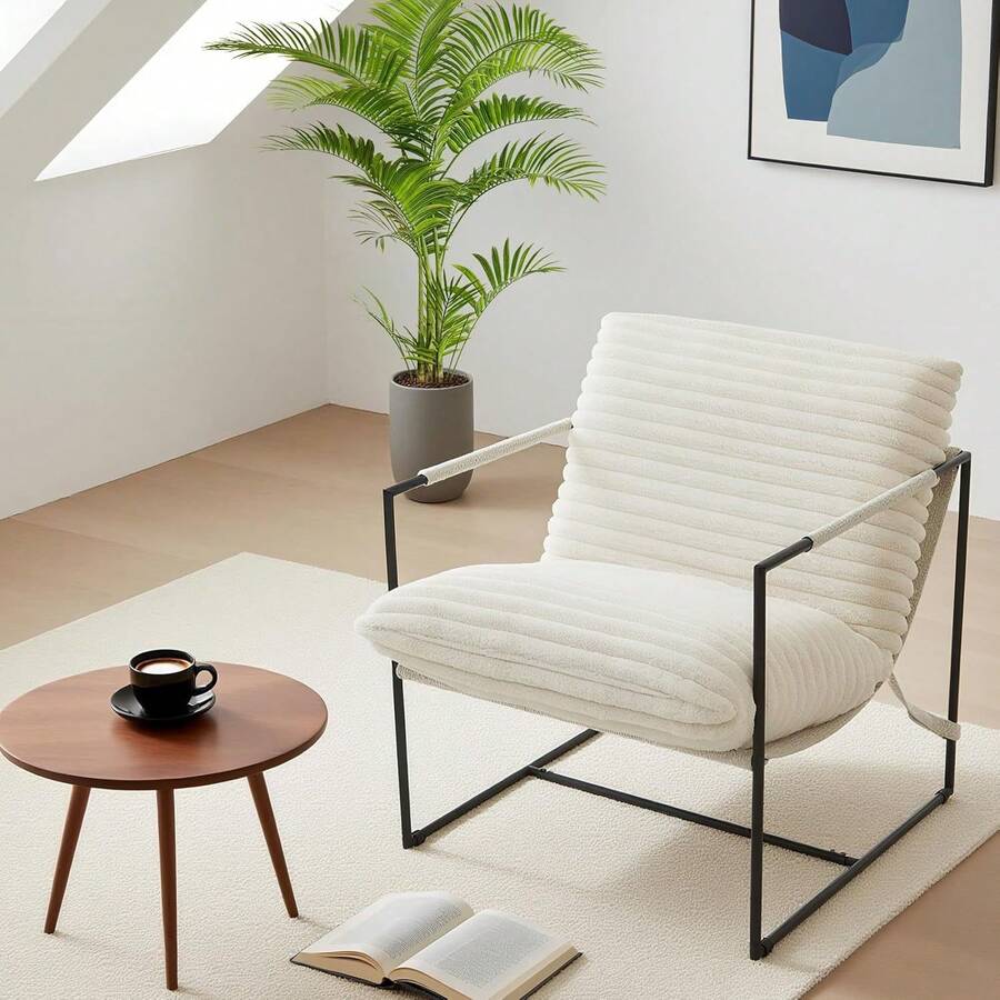 Sling Accent Chair For Living Room,Modern Metal Framed Cozy Armchair,Upholstered Living Room Chairs With Shredded Foam Cushioning, Lounge Chair For Bedroom,Living Room,Reading Room - Corduroy | Beige - View 1