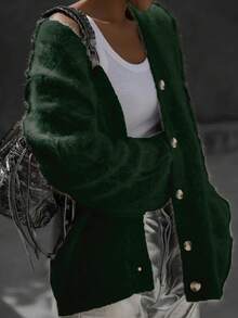 Elegant Lady's Casual Chic European Style Versatile Knitted Cardigan, Comfortable Long Sleeve Plus Size Sweater For Mature & Young Women