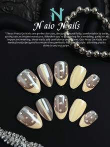 NAIO 10pcs/Set Handmade Almond Shaped Y2K Baddie Style Press-On Nails, Nude, Cream French Tips, Polka Dot Pattern, Suitable For Parties, Occasions, Daily Wear, Tool Kit Included, Great Gift For Women And Girls