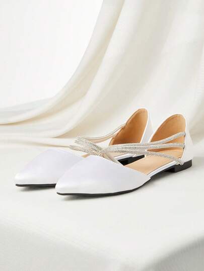 Women's Flat Shoes Designed With Rhinestone Strip, Hollow Out, Fashionable And Elegant Spring And Summer Pointed Shoes, White Wedding Shoes, Dance Shoes, Non-Slip Shoes, Sexy Rhinestone Party Shoes, Hollow Out Sandals, White Ballet Flats, Work Shoes, Flat Sandals, Bridal Shoes, Women's Flat Sandals For Summer Breathable Shoes. Valentines Winter Gifts