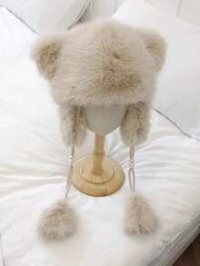 1 Bohemian Style Cute Suede Patchwork Teddy Bear Ear Decoration, Autumn And Winter Warm Drawstring Windproof Bucket Hat Holiday Outfit, Random Number Of Pearls - Multicolor - View 3