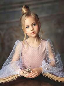 年轻女孩粉色波尔卡圆点薄纱泡泡袖优雅派对礼服，公主裙适合女孩生日派对、宴会、婚礼、伴娘礼服、庆典服装 - 粉色 - 查看 6