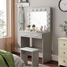 Dressing Table, Cosmetic Table, Dressing Table With LED Lighting, Drawers And HD Mirror With Adjustable Brightness, 3 Colors, Dressing Table Chest Of Drawers For Bedroom, White - Xám - Xem 6