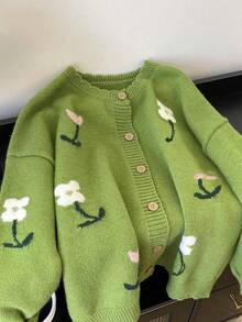 女士针织开衫，优雅花卉刺绣，日常穿着，秋冬