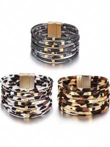 1pc New Leopard Print Magnetic Clasp Leather Bracelet, Random Leopard Pattern Multi-Layer Leather Cord Bracelet For Women