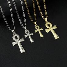 dollrinboy 1件纹理安卡十字架吊坠项链，男女通用，3毫米不锈钢费加罗链项链，复古埃及十字架吊坠项链，简约首饰 - 叉 - 查看 3