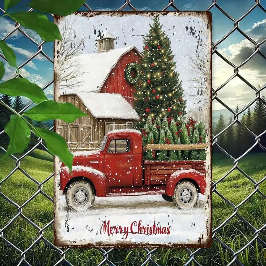 Merry Christmas Vintage Metal Sign - 20.32X30.48 Cm, Rustic Red Truck With Christmas Tree Design, Easy To Hang Wall Decor For Home, Bar, Cafe, Garage, Metal Outdoor Decor Christmas Decorations Home Decor Room Decor