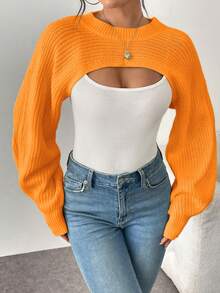 宽松休闲纯色不对称下摆罗纹短款毛衣 - 橘色 - 查看 4