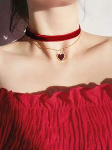 1pc Women's Retro Velvet Choker Necklace With Heart Pendant, Fashion Collar - Multicolor - View 5