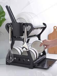 1 Stück schwarzer mehrstöckiger Kunststoff-Geschirrständer mit Abtropfbrett - platzsparende, multifunktionale Aufbewahrung für Küchenutensilien und Geschirr, erhöhtes Regaldesign, Weihnachten