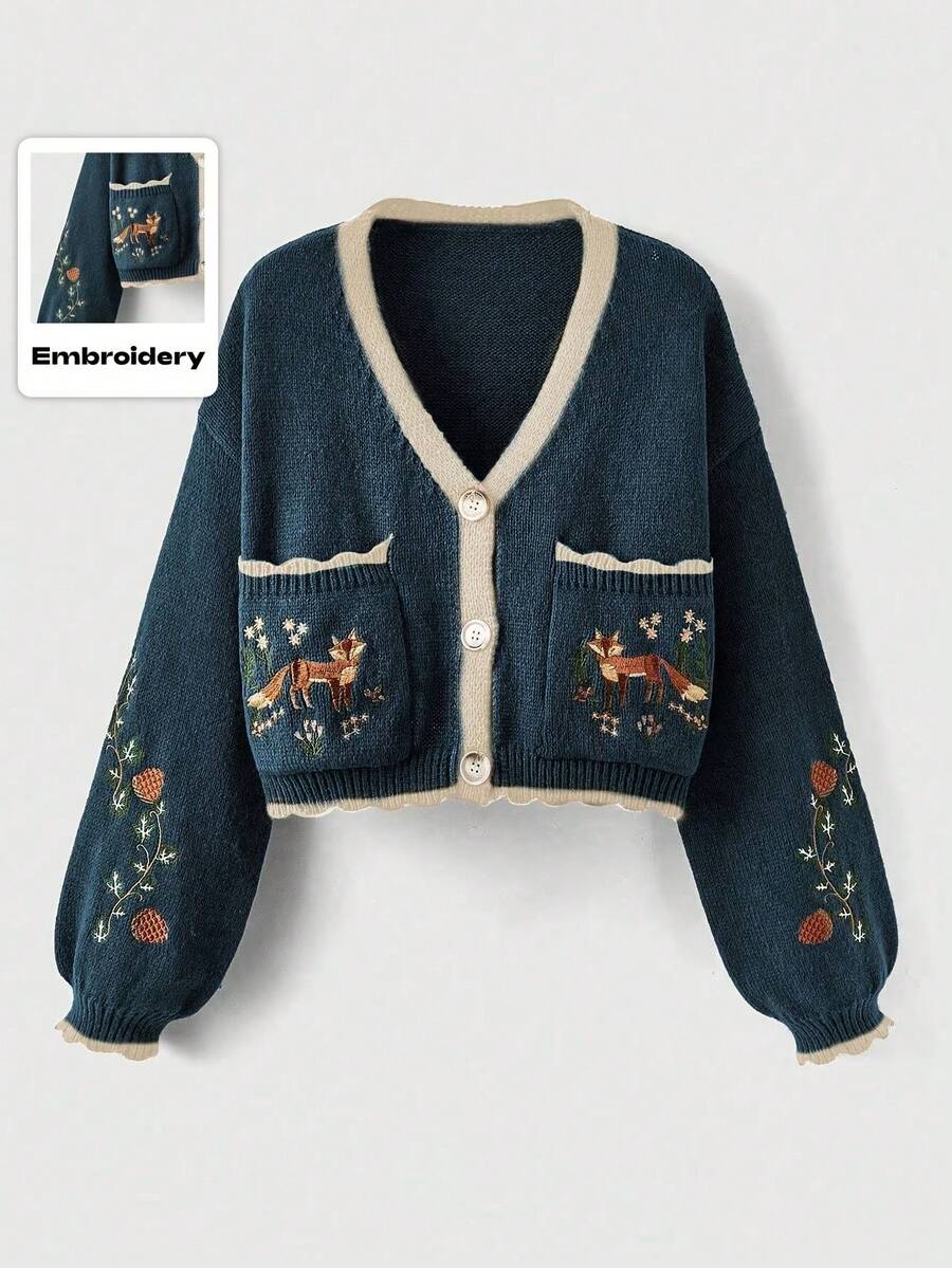 New Stylish Women Elegant Versatile Commuting Contrast Color Embroidered Knit Cardigan Sweater - Ocean Blue - View 1