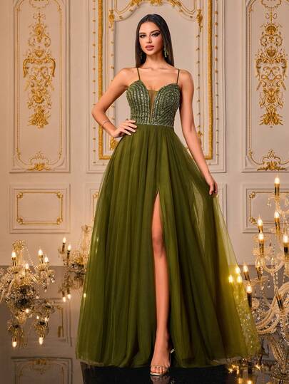 VIPGIRL Elegante vestido largo de tul con hombros descubiertos, abertura alta y adornos en verde para mujeres, vestido de noche formal, vestidos formales para mujeres, vestido de graduación