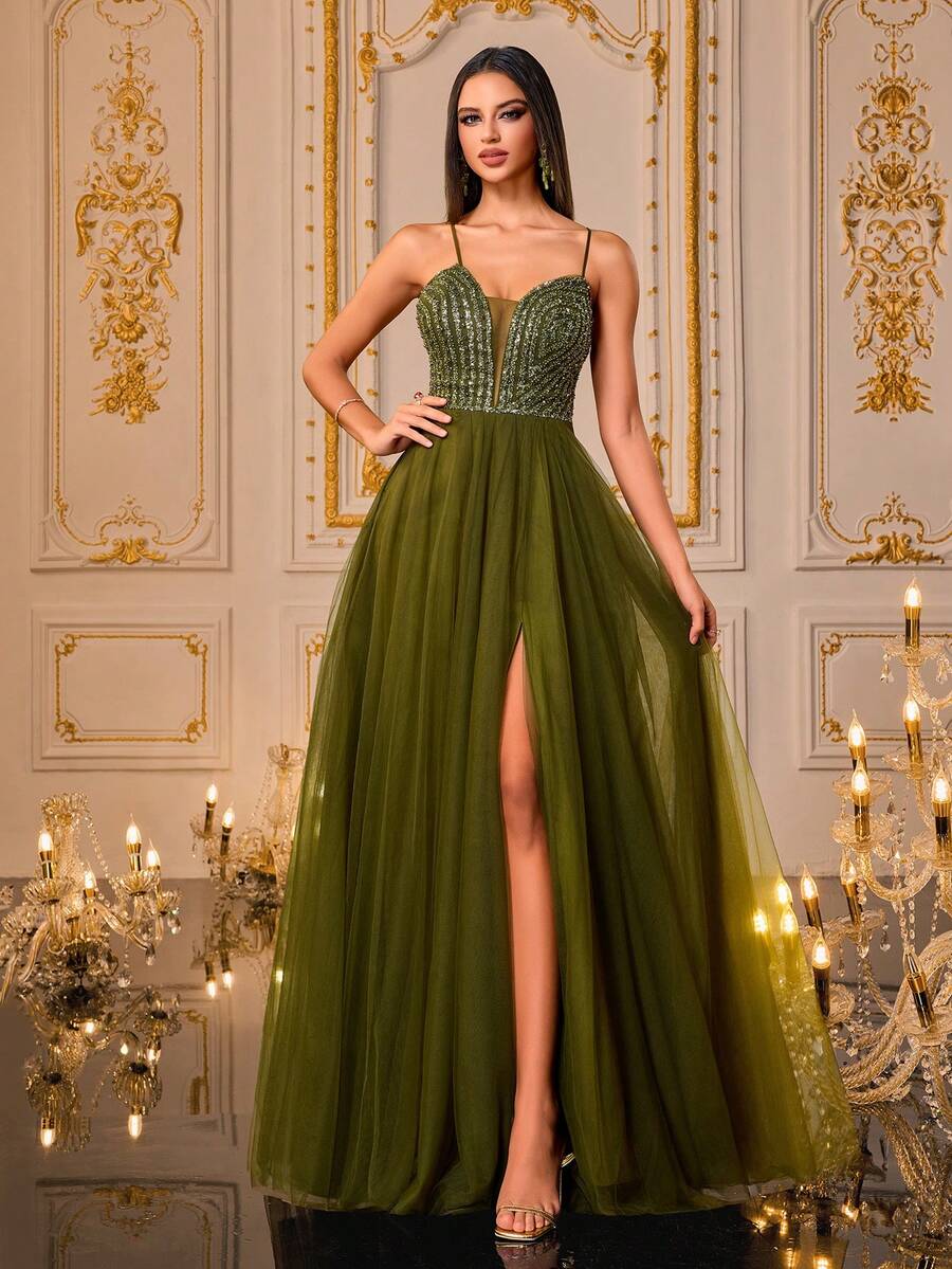 VIPGIRL Đầm maxi xanh lá cây thanh lịch, trễ vai, xẻ cao, chất liệu voan mỏng, thích hợp cho tiệc tối hoặc dạ hội. - màu xanh lá - Xem 1
