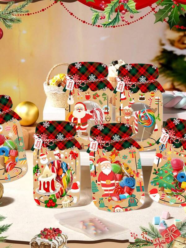18pcs/9sets Christmas Mason Jar Cards With 9 Clear Treat Bags - DIY Xmas Goodie Bags For Stocking Stuffers, Christmas Party Favors Supplies, , Exchange Gift,Holiday Party Decorations, Festive Designs, Paper Crafts, Christmas Decorations