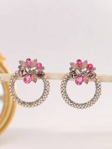 1 Pair Of Colorful Rhinestone Round Flower Fashionable Ear Studs Imitating Pearl Simple Earrings Are Suitable For Wearing At Daily Weddings, Banquets And Parties - ZNW364 - View 2