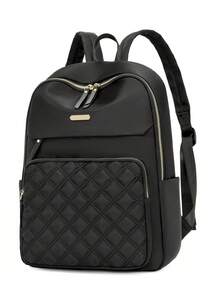 Women's Nylon Solid Color Quilted Large Capacity Versatile Backpack, Minimalist Casual Student Backpack, Commuter Bag - Black - View 9