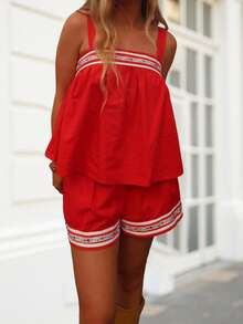 Women Summer Pajama Set Floral Trim Babydoll Tank Tops And Elastic Waist Shorts 2 Piece Lounge Outfit - 紅色 - 查看 5