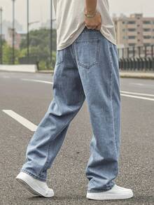 Men's Relaxed Fit Light Blue Straight Leg Jeans, Vintage Y2K Style, Simple & Versatile - Baby Blue - View 6