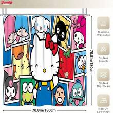 Sanrio 3-Piece Hello Kitty Bathroom Set, Includes Waterproof Shower Curtain, Toilet Lid Cover, Bath Mat, U-Shaped Mat, Comes With 12 Hooks, Available In Pink, Blue, And Full Family Characters, Suitable For Home And Bathroom Decor Christmas Decor
