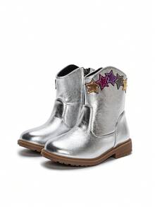 秋冬刺绣图腾靴，耐磨保暖舒适平底西式百搭婴儿靴 - 銀色 - 查看 6