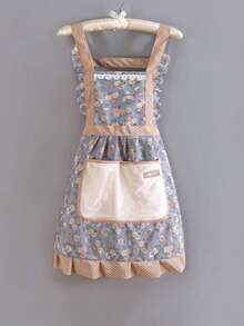 1pc Floral Pattern Bib Apron, Oil & Stain Resistant Princess Style With Pocket, Lace Trim Breathable Cooking Apron, Vintage Flower Kitchen Apron For Women, Suitable For Kitchen, Living Room, Bathroom Cleaning