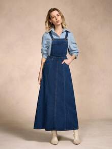 Wish Elegant And Simple Washed Solid Color Women's Denim Suspender Pants; Suitable For Back To School Season, Back To Campus Season, Everyday Wear, Home Wear, And Leisure And Vacation Wear