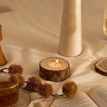 6pcs,Retro Wood-Like Tea Candlestick - Realistic Wood Grain Design, Suitable For Weddings, Birthdays, Christmas, Thanksgiving And Home Decoration. Durable Tabletop Ornament, Anti-Wood Style Candlestick, And Festive Center Decoration