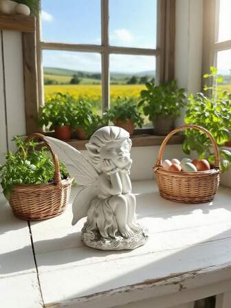 1 件畅销纯白色花卉天使树脂装饰，北欧风格花园雕塑，室内/室外桌面，庭院和露台装饰品，女神节礼物，家居装饰，防水防褪色