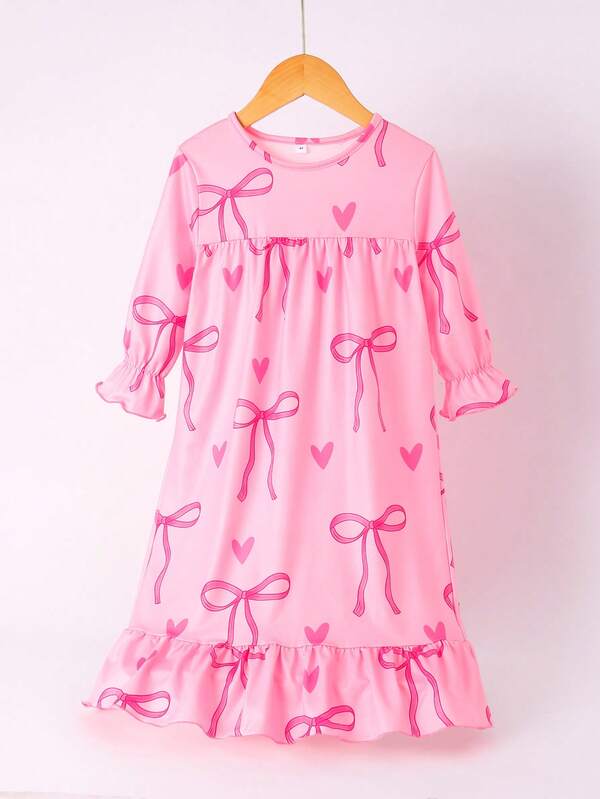 Dreamy Pink Bow & Heart Print Ruffle Hem Bell Sleeve Nightgown, Sweet Home Dress For Girls