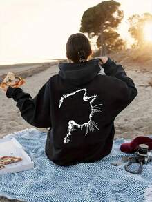 Women's Black Cat Print Hoodie With Pockets - Cozy Long Sleeve Zip-Up Sweatshirt, Casual Polyester Hooded Pullover For Fall/Winter, Sweater Hoodie - 黑色 - 查看 2