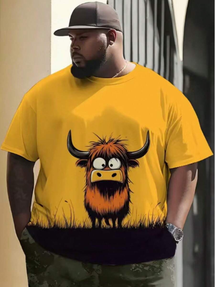 Herren Große Größen Gelbes Kurzarm T-Shirt, verspieltes Cartoon Monster Design Rundhals, 3D Digital Bedruckt
