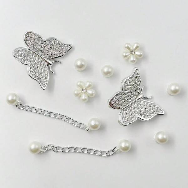 10 Stücke/Set Kunstperlen Kette Schuh Dekor, rosa Kristall Herz, Schmetterling, Perle, 5-zackiger Stern Harz Mode einfacher Ins Stil DIY Schuh Dekorationen