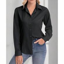 Womens Classic - Fit Dress Shirts Long Sleeve Button Down Wrinkle - Stretch Solid Casual Work Office Blouse Top - Đen + Trung bình - Xem 5
