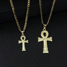 dollrinboy 1件纹理安卡十字架吊坠项链，男女通用，3毫米不锈钢费加罗链项链，复古埃及十字架吊坠项链，简约首饰 - 叉 - 查看 2