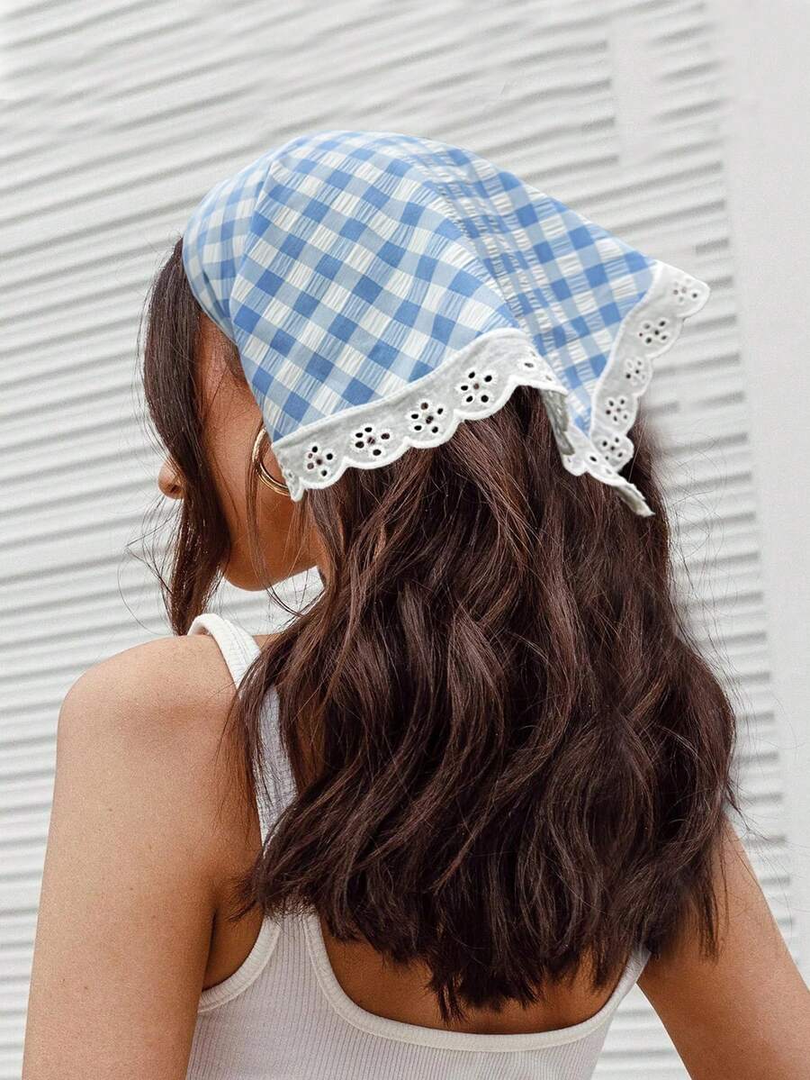 1 件女士休闲蓝色格子头巾围巾,清新夏季风格发饰秋季头带秋季发带柔软头带适合礼物冬季度假装女士 - 藍色 - 查看 1