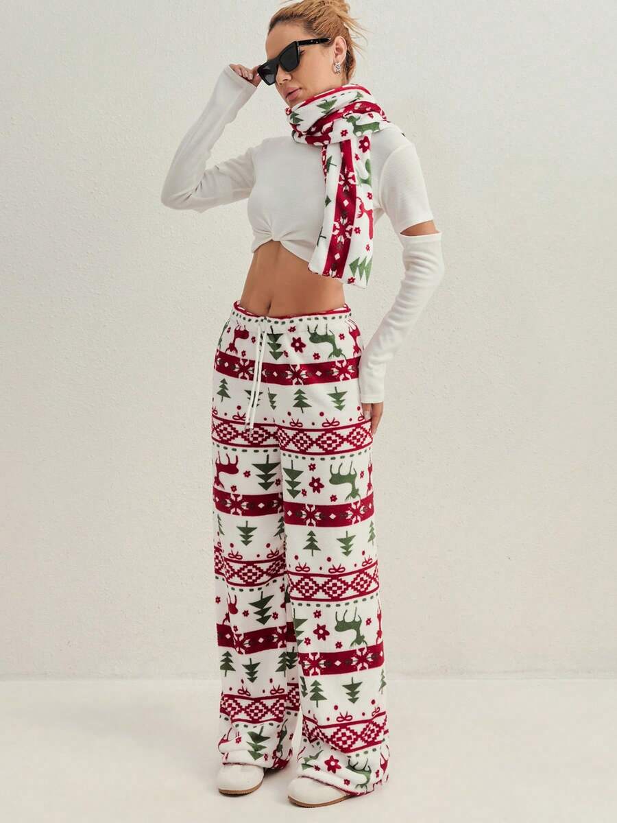 女士圣诞驯鹿和圣诞树印花喇叭法兰绒裤配同款蓬松围巾两件套，秋冬季，舒适保暖 - 米色 - 查看 1