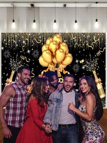 1 Peça Painel de Fotografia de Aniversário Feliz Preto e Dourado, Balões Brilhantes, Pontos, Fogos de Artifício, Faixa de Festa, 59.1*39.4/82.7*59.1/106.3*70.9 Polegadas, Taças de Champanhe, Caixa de Presente, Bottom de Foto Interno e Externo, Decoração de Chá de Bebê