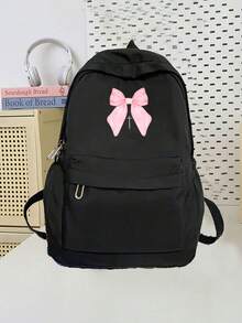 卡通粉色蝴蝶结印花女孩背包大容量笔记本电脑背包，返校经典休闲日用背包大学背包轻便学校书包适合女孩男孩，女孩背包书包适合中学生青少年背包，防盗笔记本电脑背包旅行日用背包书包礼物 - 黑色 - 查看 6